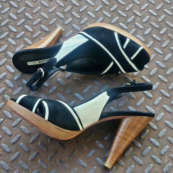 Via Spiga Ladies Sandal Heel Black/White Faux Suede Upper Shoes Brazil Size 9.5 - Picture 3 of 12